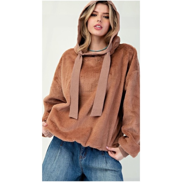 easel Tops - Easel Brown Fuzzy Hoodie Sweatshirt